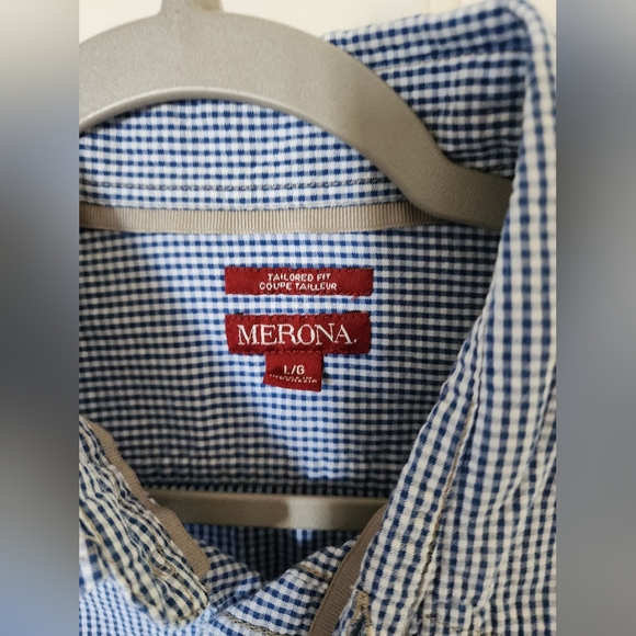 Merona Mens Size L Blue Checked Gingham Long Sleeve Button Up Shirt - Picture 4 of 5